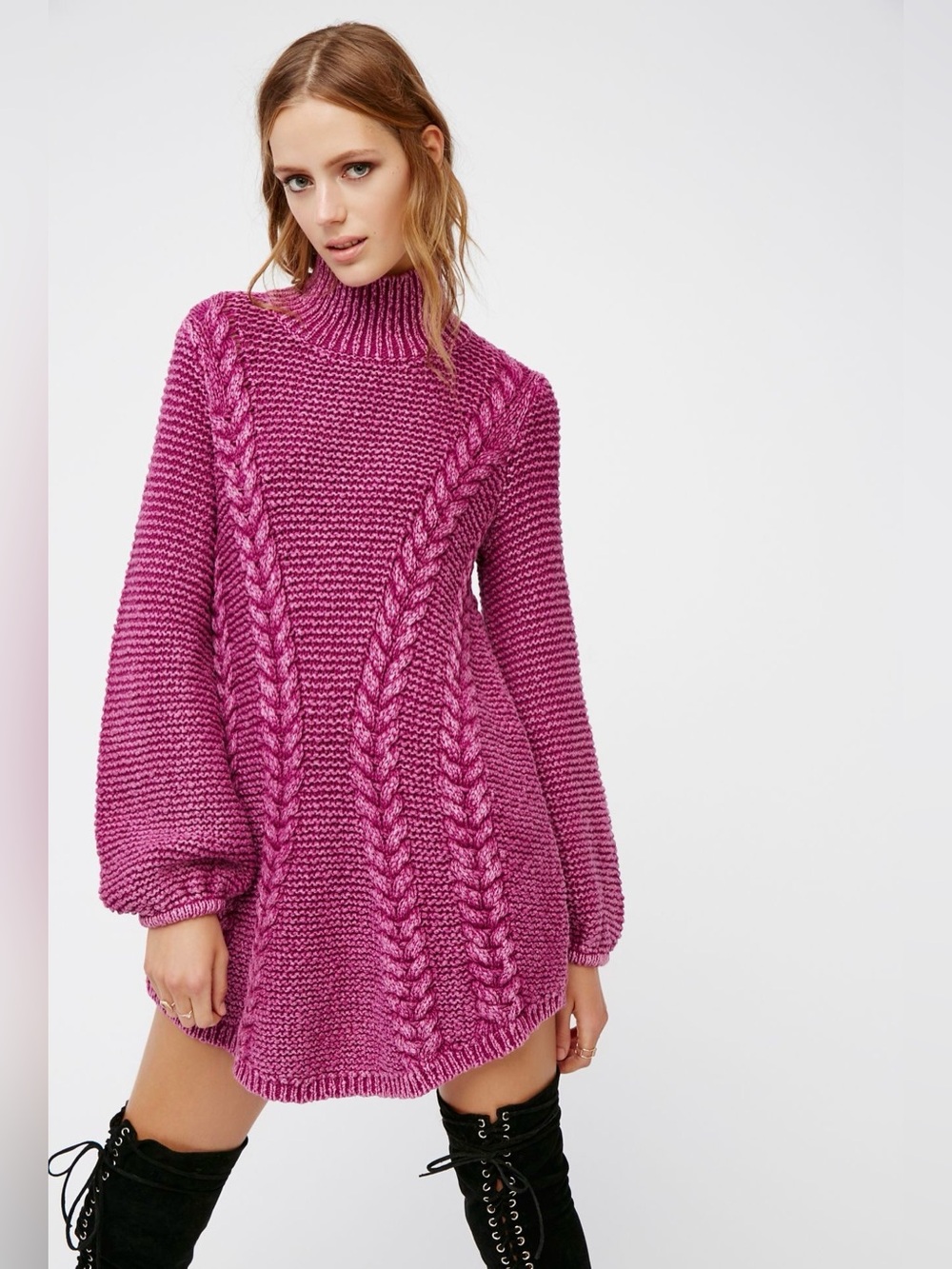Free People Ottoman Slouchy Tunic Purple Cable Knit Turtleneck Sweater